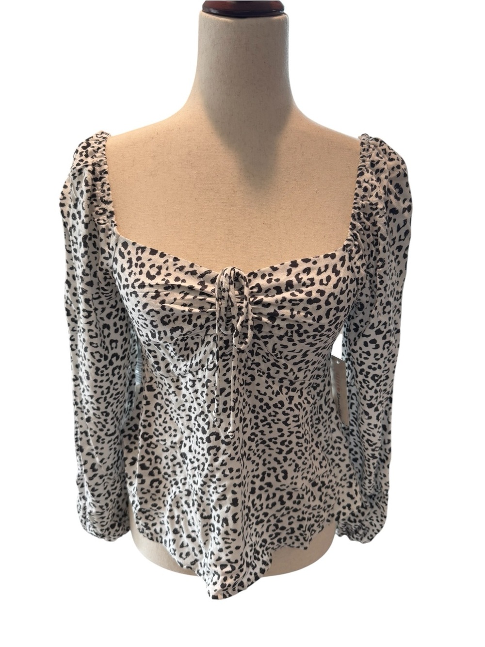 URBAN Romantics White and Black Leopard Tie-Front Square Neck Top XS